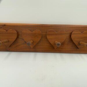 Vintage Hardwood Wall Mount Raised Heart with Pegs Country Style 80s-90s Hanger